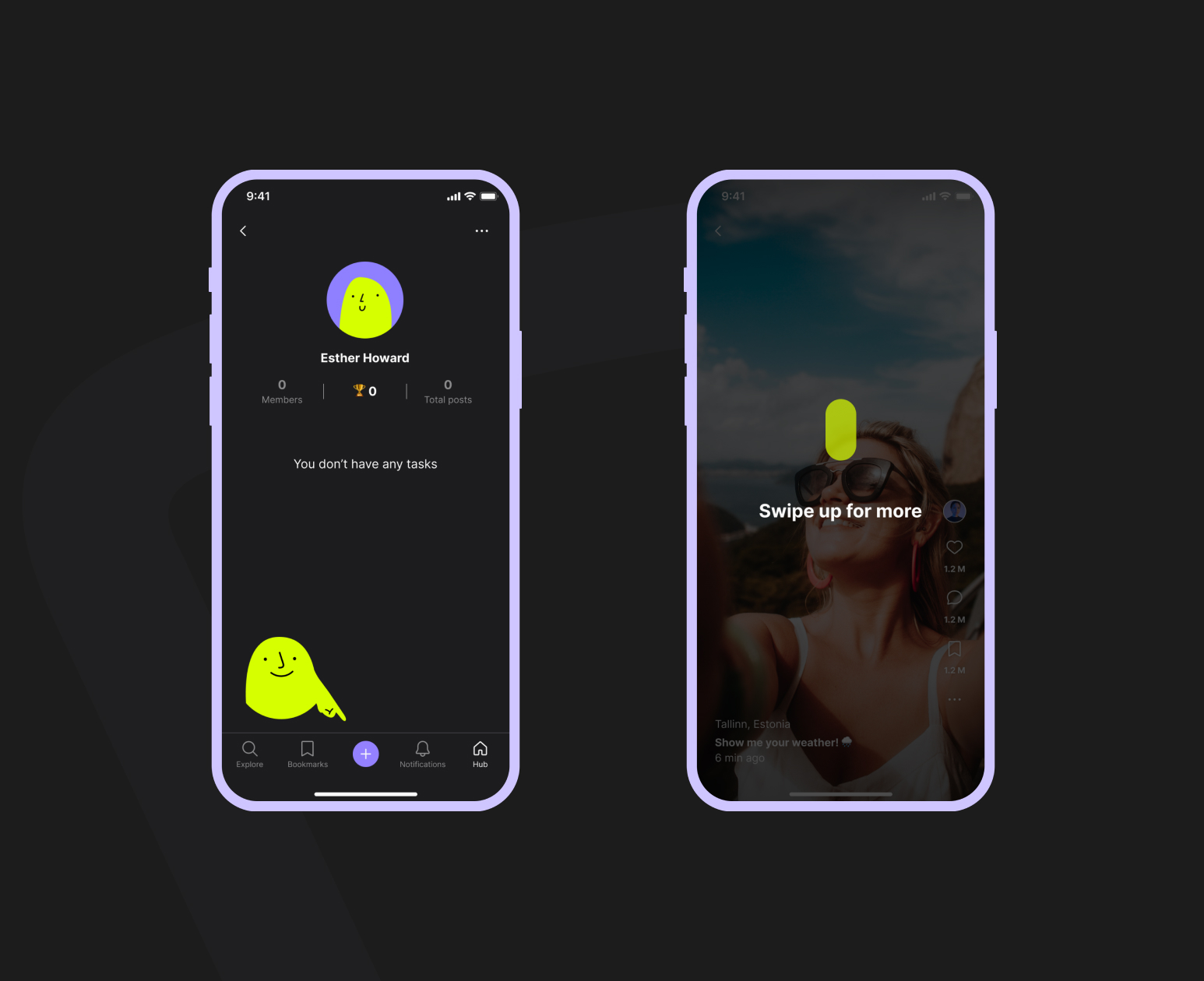 The replacement: a brief swipe hint and the mascot pointing at the post button